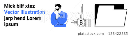 Man with hand on chin in blue shirt, Bitcoin blockchain circuit, and document folder. Ideal for finance, technology, education, business, decision-making, cryptocurrency, analytics. Landing page Man with hand on chin in blue shirt, Bitcoin blockchain circuit, and document folder. Ideal for finance, technology, education, business, decision-making, cryptocurrency, analytics. Landing page 128422885