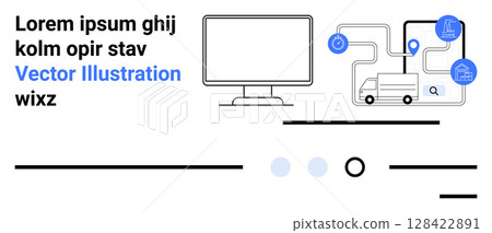 Computer monitor, delivery truck with path and location pins, abstract lines, circles. Ideal for logistics, supply chain, delivery services, tracking systems, technology, business, web design 128422891
