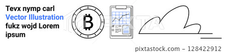 Bitcoin coin, financial chart on clipboard, cloud outline, and placeholder text. Ideal for cryptocurrency, fintech, data analysis, cloud computing, investments, presentations, and technology Landing 128422912