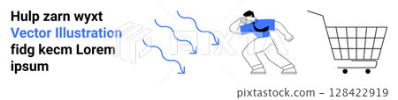 A person in motion near a shopping cart and dynamic blue lines. Ideal for e-commerce, shopping platforms, retail marketing, consumer behavior, and digital marketing. Banner for landing page 128422919