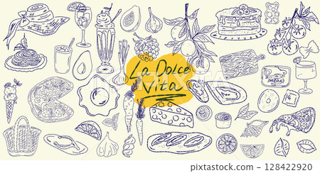 Set of hand drawn summer food icons. Mediterranean la dolce vita. Sketchy whimsical style Set of hand drawn summer food icons. Mediterranean la dolce vita. Sketchy whimsical style 128422920
