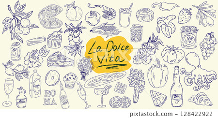 Set of hand drawn summer food icons. Mediterranean la dolce vita. Sketchy whimsical style 128422922