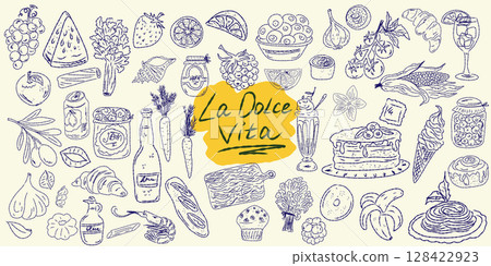 Set of hand drawn summer food icons. Mediterranean la dolce vita. Sketchy whimsical style 128422923
