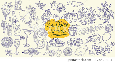 Set of hand drawn summer food icons. Mediterranean la dolce vita. Sketchy whimsical style 128422925