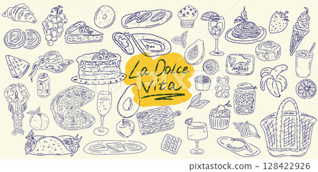 Set of hand drawn summer food icons. Mediterranean la dolce vita. Sketchy whimsical style 128422926