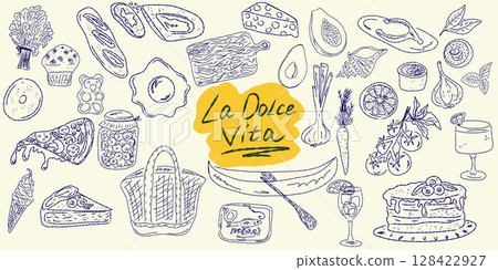 Set of hand drawn summer food icons. Mediterranean la dolce vita. Sketchy whimsical style 128422927