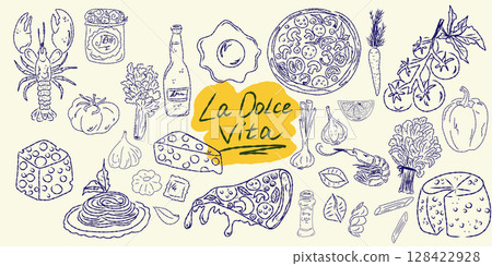 Set of hand drawn summer food icons. Mediterranean la dolce vita. Sketchy whimsical style 128422928
