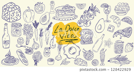 Set of hand drawn summer food icons. Mediterranean la dolce vita. Sketchy whimsical style 128422929