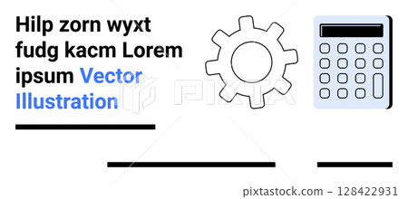 Gear icon beside calculator and sample text with lines. Ideal for educational materials, financial planning, technical guides, presentations, infographics, websites, apps. Landing page 128422931