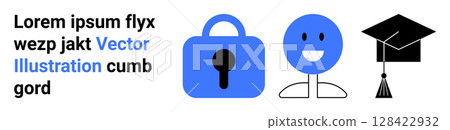 Blue lock symbol, happy face, and graduation cap icons. Ideal for security guidance, user experience, education platforms, online learning, academics, digital safety, and user interface elements 128422932