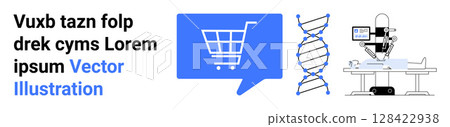 Shopping cart in a blue chat bubble, DNA double helix, robotic surgery on patient. Ideal for e-commerce, genetic research, medical innovation, technology advancement, future trends, healthcare Shopping cart in a blue chat bubble, DNA double helix, robotic surgery on patient. Ideal for e-commerce, genetic research, medical innovation, technology advancement, future trends, healthcare 128422938