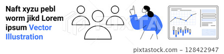 Text block, three user icons, businesswoman pointing, and data charts. Ideal for business meetings, team discussions, data analysis, presentations, corporate strategies, marketing plans 128422947