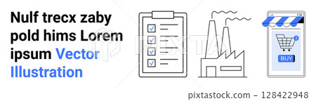 Checklist with checkmarks, factory emitting smoke, online storefront with shopping cart icon. Ideal for productivity tools, industrial concepts, e-commerce themes, business strategies, workflows 128422948