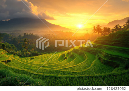 The beauty of rice fields on the mountain slope at sunset. Rice harvest. Generated by artificial intelligence 128423062