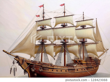 約 15、16 或 17 世紀大航海時代的古董木帆船全景舊水彩風格 3 128423088