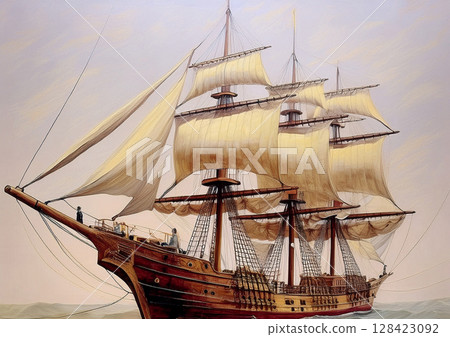 Overall view of an antique wooden sailing ship from the Age of Discovery around the 15th, 16th, or 17th century Old watercolor style 1 128423092