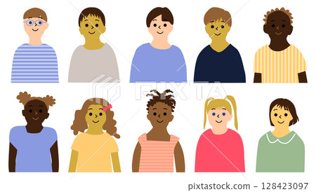 Children from various countries, front upper body icon set of 10 Children from various countries, front upper body icon set of 10 128423097