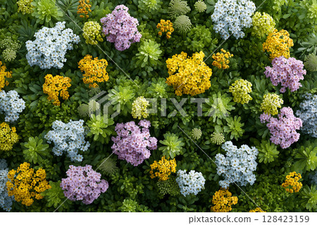 Looking down from above at a flower field covered in brightly colored flowers 128423159
