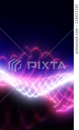 Glowing waveforms of pink and white light curve across a dark background, creating a sense of motion and energy 128423192