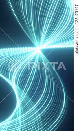 Dynamic abstract composition of glowing turquoise light trails forming intricate, fluid patterns 128423197