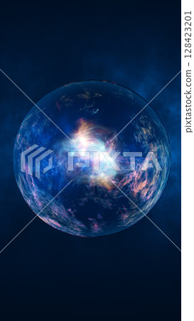 A glowing orb of energy floating in deep blue space, swirling with colorful light trails and cosmic textures A glowing orb of energy floating in deep blue space, swirling with colorful light trails and cosmic textures 128423201