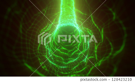 Futuristic green energy tunnel with digital grid mesh and glowing light lines, symbolizing technology, speed, and data transfer Futuristic green energy tunnel with digital grid mesh and glowing light lines, symbolizing technology, speed, and data transfer 128423210