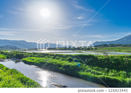 以阿蘇山脈為背景的陽光田園風光(阿蘇,南阿蘇村) 以阿蘇山脈為背景的陽光田園風光(阿蘇,南阿蘇村) 128423445