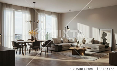 明亮且光線充足的客廳/餐廳 128423472