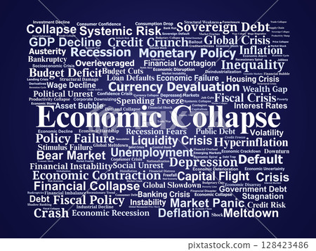 Economic Collapse Word Cloud. Key Financial Terms Reflecting Global Market Breakdown Economic Collapse Word Cloud. Key Financial Terms Reflecting Global Market Breakdown 128423486