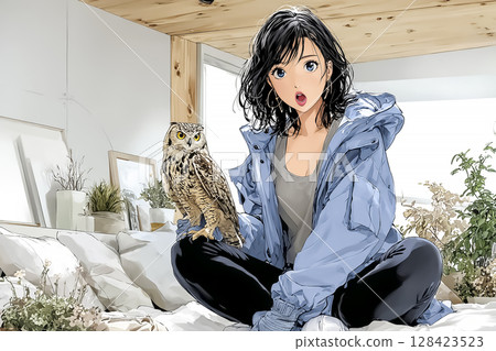 貓頭鷹咖啡館：一位女士被一隻貓頭鷹跳到她身上並停在她腰上，這讓她很驚訝 128423523