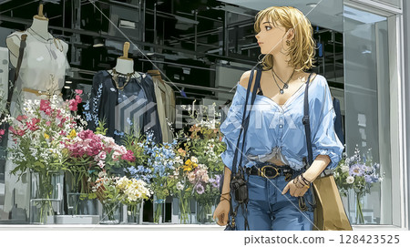 外籍婦女在商店櫥窗裡購物 128423525