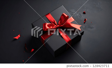 Red gift box with ribbon and bow, perfect for Christmas, birthday, or Valentine's Day celebrations 128423711