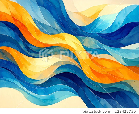 Blue and orange abstract wave pattern (watercolor style) 128423739