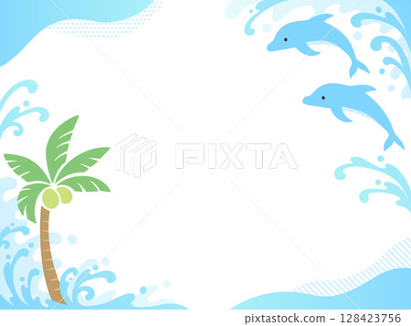 Palm trees, dolphins and waves frame 128423756