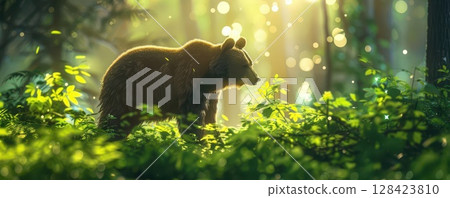 Bear standing in lush green forest, focus on, copy space, bright and vibrant, Double exposure silhouette with nature elements 128423810