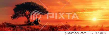 Lion resting under acacia tree, focus on, copy space, vibrant earthy colors, Double exposure silhouette with safari scenery Lion resting under acacia tree, focus on, copy space, vibrant earthy colors, Double exposure silhouette with safari scenery 128423892