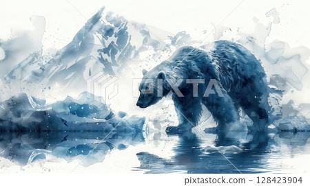 Polar bear amidst icebergs, close up, focus on, cool icy shades, Double exposure silhouette with polar environment 128423904