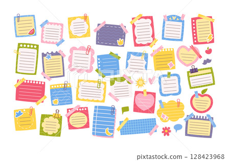 Different colorful paper sticky notes girlish style set with empty copy space design for memo text 128423968