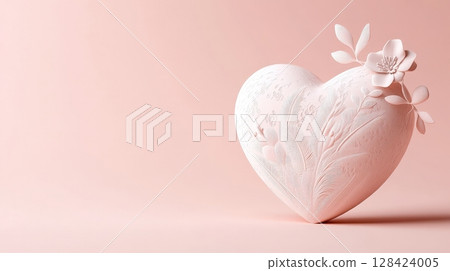 White Feathery Heart Shaped Flower on a Soft Pink Background 128424005