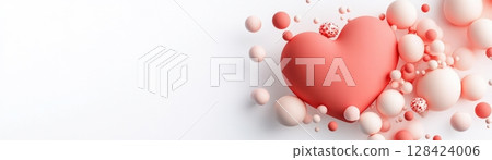 Abstract Red Heart Shaped Spheres with Floating Pastel Orbs on White Background Abstract Red Heart Shaped Spheres with Floating Pastel Orbs on White Background 128424006