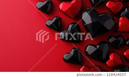 Elegant Red and Black Heart Shapes on Red Background Elegant Red and Black Heart Shapes on Red Background 128424037