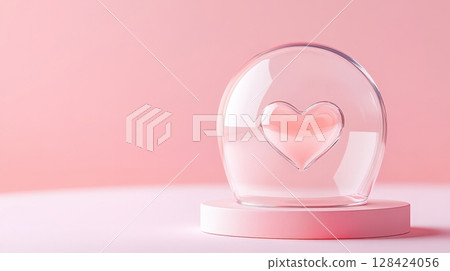 Glowing Heart Shaped Glass Bubble Sphere Sitting on Pink Pastel Background 128424056