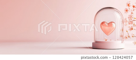 Glowing Heart Shaped Glass Sphere with Floral Elements on Soft Pink Background Glowing Heart Shaped Glass Sphere with Floral Elements on Soft Pink Background 128424057