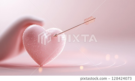 Pierced Heart Shaped Object With Cupid s Arrow on Textured Pink Background Pierced Heart Shaped Object With Cupid s Arrow on Textured Pink Background 128424073