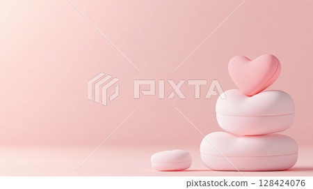 Pink Heart Shapes Stacked on Pastel Background with Copy Space 128424076