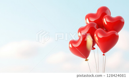 Red Heart Shaped Balloons Floating in Blue Sky Symbolizing Love and Romance for Valentine s Day Red Heart Shaped Balloons Floating in Blue Sky Symbolizing Love and Romance for Valentine s Day 128424081
