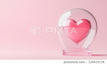 Romantic Red Heart Encased in a Transparent Glass Dome Standing on a Reflective Surface Romantic Red Heart Encased in a Transparent Glass Dome Standing on a Reflective Surface 128424136