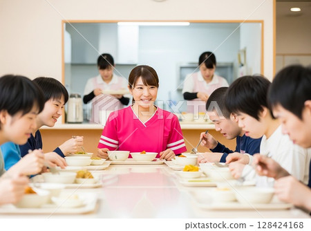 一位面帶微笑的女護理員在殘疾人設施內為殘疾人士提供餐食。提供食物、午餐時間、學校午餐、餐點、樂趣 128424168