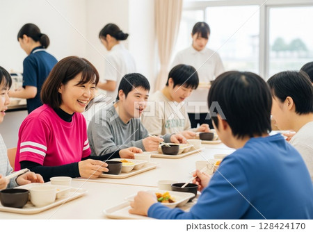 一位面帶微笑的女護理員在殘疾人設施內為殘疾人士提供餐食。提供食物、午餐時間、學校午餐、餐點、樂趣 128424170
