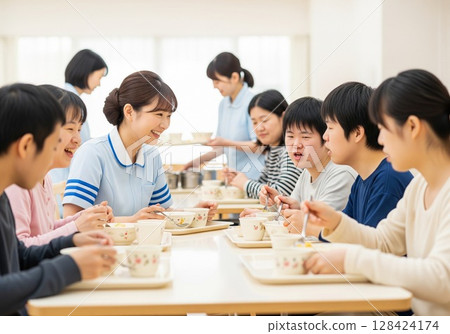 一位面帶微笑的女護理員在殘疾人設施內為殘疾人士提供餐食。提供食物、午餐時間、學校午餐、餐點、樂趣 一位面帶微笑的女護理員在殘疾人設施內為殘疾人士提供餐食。提供食物、午餐時間、學校午餐、餐點、樂趣 128424174